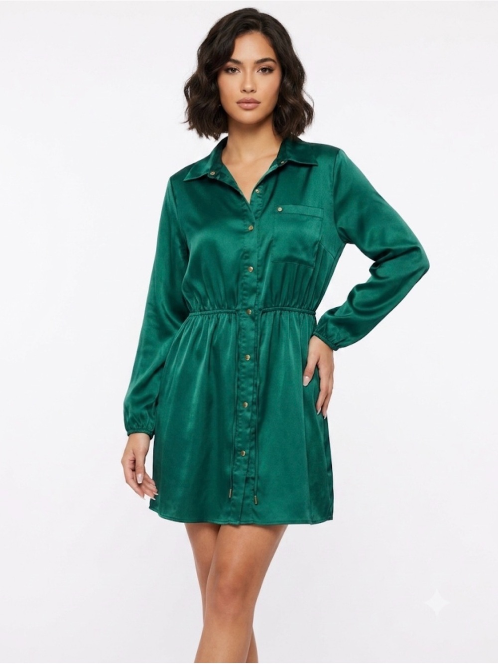 Justify Green Satin Button-Front Shirt Dress